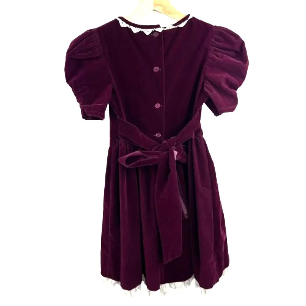 Vintage Jo Lene Girls Burgundy Velvet Lace Trim Dress Victorian Style Size 7 - Picture 2 of 6